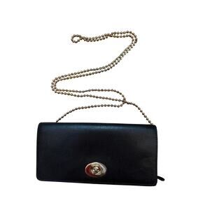 Coach Black Pebbled Leather Turnlock Crossbody Wallet Bag Chain Strap Purse